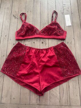 NWT RYA Collection Red 1105 Holly Radiant Bralette/Short Set Lace Satin Medium